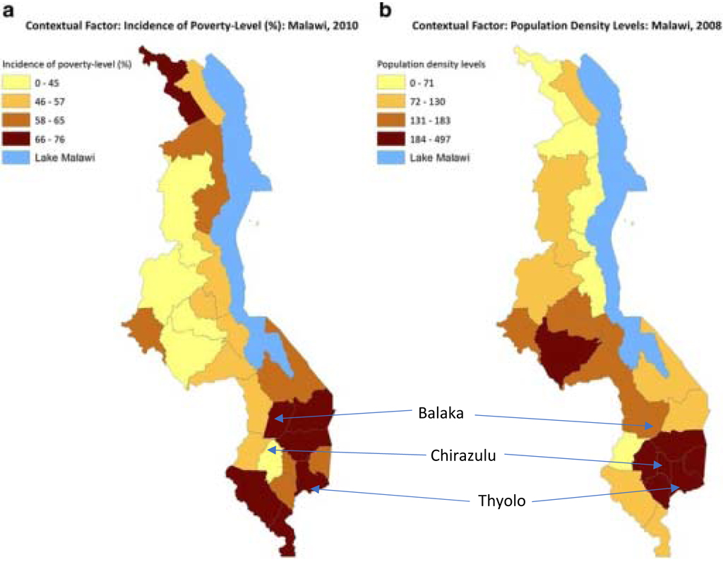 Poverty levels (a) and human population densities (b) in Malawi, and project districts. https://openi.nlm.nih.gov/detailedresult.php?img=PMC4557594_12963_2015_55_Fig4_HTML&req=4